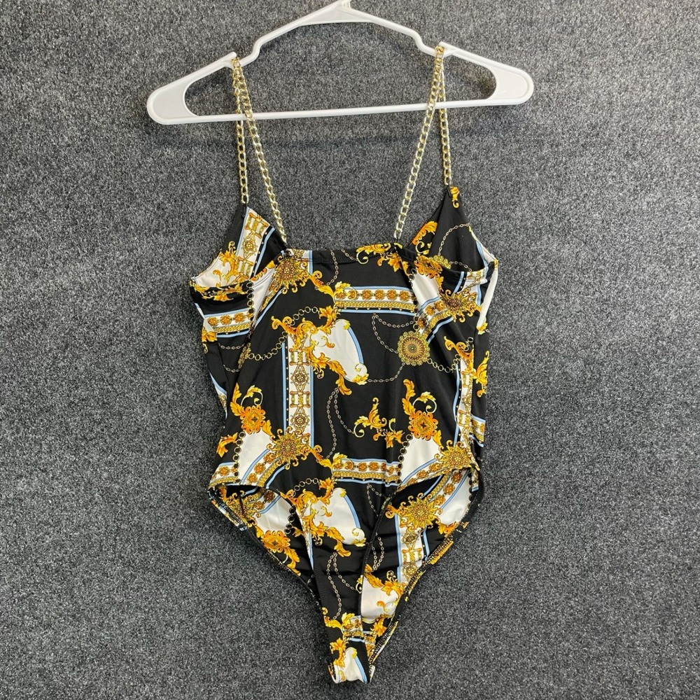 Rue21 Baroque Chain Print Gold Chain Strap Bodysuit Women's Medium Black